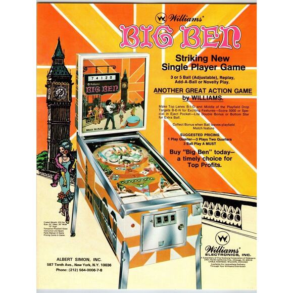Big Ben Pinball Machine FLYER Original 1975 Retro London Clock Tower 8.5" x 11 - Picture 1 of 1